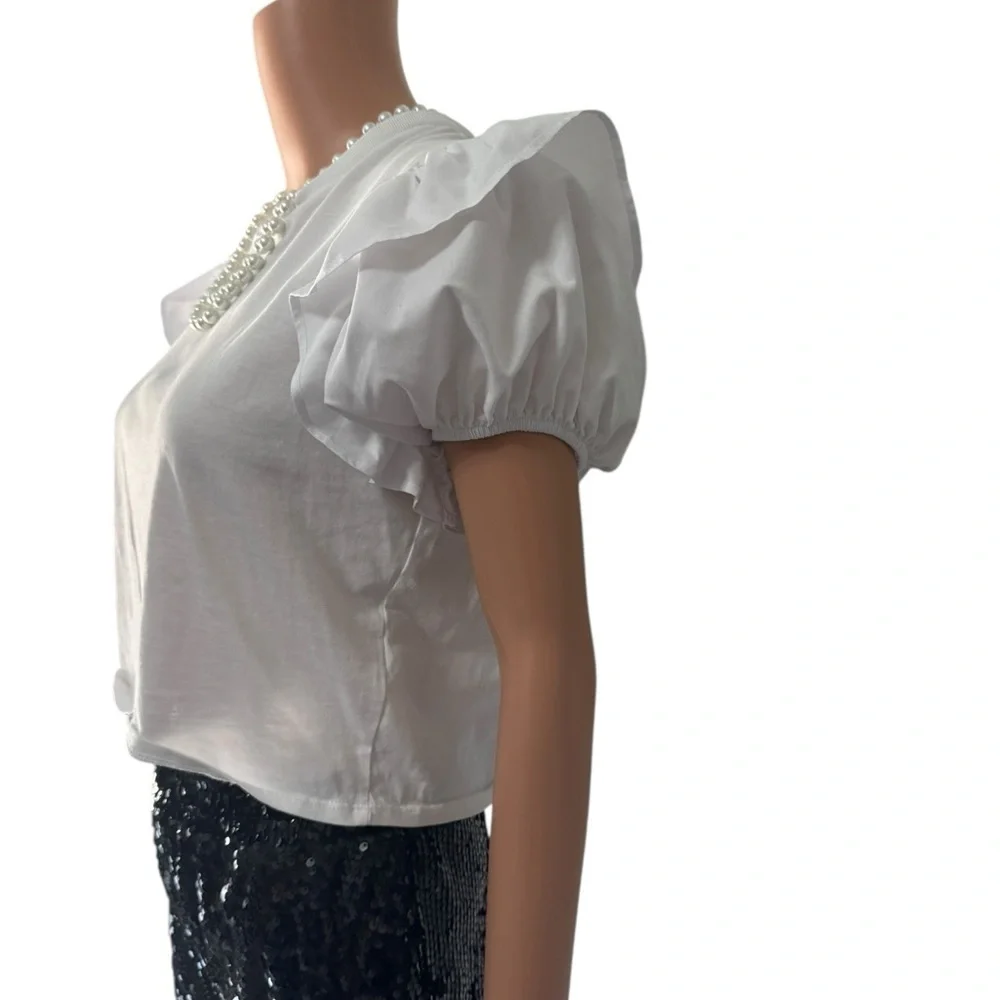 Zara White Cropped Puff Sleeve Ruffled Blouse- Size Medium
